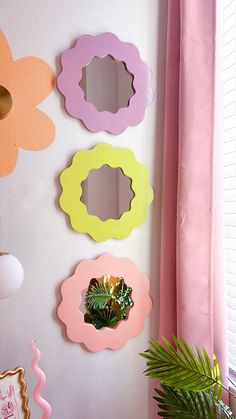 four flower shaped mirrors mounted on the wall next to a potted plant and window