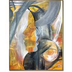 an abstract painting with a woman's face in yellow and grey colors, on a white background