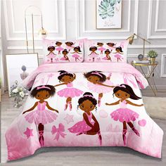 a bed room with a pink comforter and two pillow cases on top of it