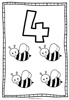 the number four coloring page with three bees and one bee on it's back