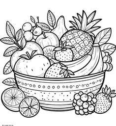 a bowl full of fruit coloring page with fruits and vegetables in the basket on top