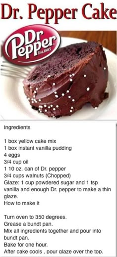 a recipe for dr pepper cake on a plate