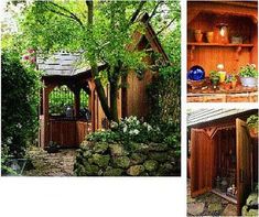 three pictures of different types of garden structures and trees, including a gazebo in the woods