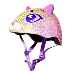 a helmet with an eye painted on the side and purple ribbon around the bottom,