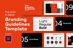 branding guidelines templates for social media and digital magazines are displayed on an orange background