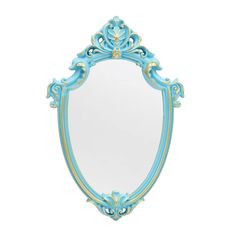 an ornate blue mirror with gold trimmings on the edges and sides, against a white background