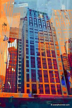 an abstract painting of skyscrapers in the city with orange and blue colors on them