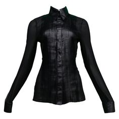 Fitted Sheer Shirt For Workwear, Fitted Sheer Shirt For Work, Luxury Collared Tops For Evening, Formal Long Sleeve Sheer Shirt, Sheer Long Sleeve Formal Shirt, Classic Sheer Top For Formal Occasions, Classic Sheer Evening Blouse, Classic Sheer Tops For Formal Occasions, Designer Fitted Blouse For Night Out