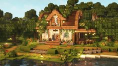 Minecraft Aesthetic Cottagecore, Aesthetic Cottagecore House, Cottagecore House Minecraft, Pretty Minecraft Houses, Minecraft Cottagecore House, Minecraft Cottage House, Minecraft Cherry Blossom House, Cottagecore Houses, Minecraft Cabin