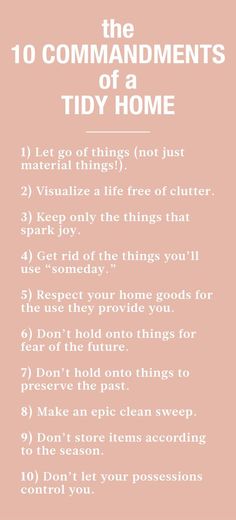 the ten commandments of a tidy home poster with pink background and white text that reads, 10 commandments of a tidy home