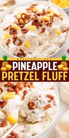 Add this sweet and salty treat to your Labor Day with this Pineapple Pretzel Fluff! This easy Labor Day party food and fun summer dessert recipe features buttery-sugared toasted pretzels, crushed pineapple, and a cream cheese base, with just 10 minutes of prep! Pineapple Pretzel Fluff, Pretzel Fluff, Labor Day Desserts, Easy Labor, Fluff Desserts, Summer Dessert Recipes