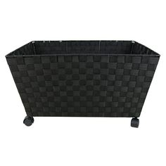 a black basket with wheels on a white background