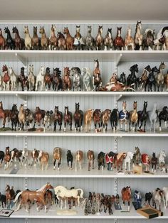 several shelves filled with different types of toy horses