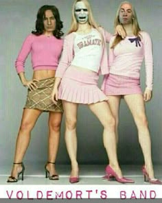 three women dressed in pink and white posing for a photo with the caption voldemort's band