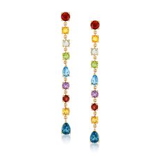 Ross-Simons - 6.90ct t. w. Multi-Gemstone Linear Drop Earrings in 18kt Yellow Gold Over Sterling. Brighten up your favorite looks with these colorful drop earrings! Playful multi-shapes of 6.90 ct. tot. gem wt. garnet, citrine, prasiolite, peridot, blue topaz and amethyst gems shine in polished 18kt yellow gold over sterling silver. Hanging length is 2 5/8". Post/clutch, multi-gemstone linear drop earrings. Eras Tour Fits, Eras Outfits, Rose Gold Jewellery, Long Chain Earrings, Chain Earring, Gemstone Drop Earrings, Multi Sapphire, Gem Earrings, Rainbow Jewelry