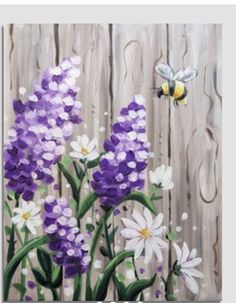 a painting of purple and white flowers with a bee on the fence in the background