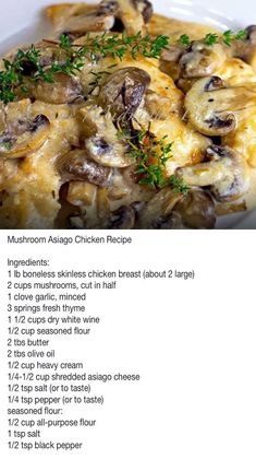 the recipe for mushroom casserole is shown on a white plate