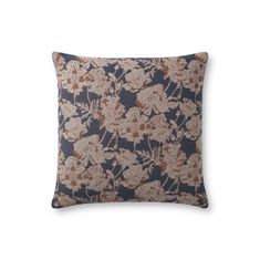 a blue and brown floral pillow on a white background