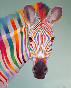 a painting of a zebra with multicolored stripes on it's face and neck