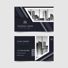 two sided business card with black and white stripes on the front, side and back