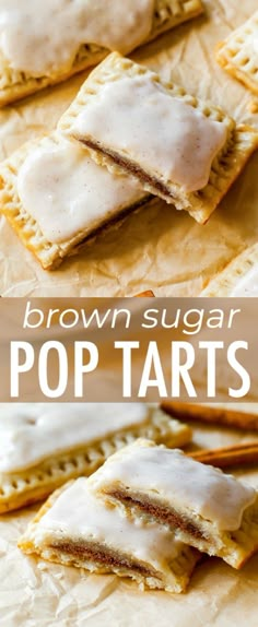 brown sugar pop tarts with white icing on top and the words brown sugar pop tarts above them