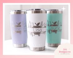 three different colored tumblers with the name lisa on them