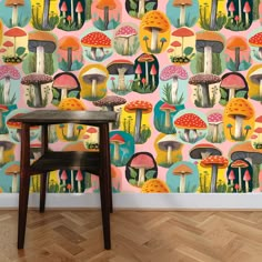 the wallpaper is colorful and has mushrooms on it