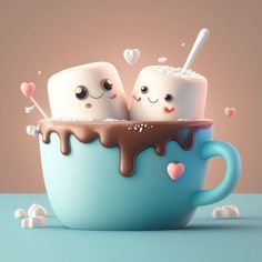 two marshmallows sitting in a cup with chocolate sauce on it and hearts floating around