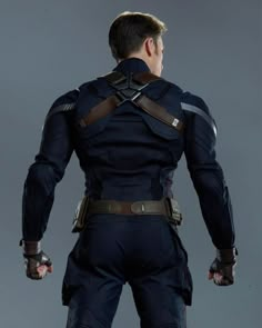 the back view of captain america 2's costume, with his hands on his hips