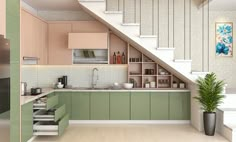 a kitchen with green cabinets and stairs leading up to the upper floor, next to a plant in a pot