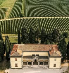 an aerial view of a large house in the middle of a field with many trees