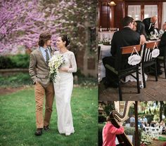 a bride and groom walking down the aisle at their outdoor wedding reception in front of a flowering tree