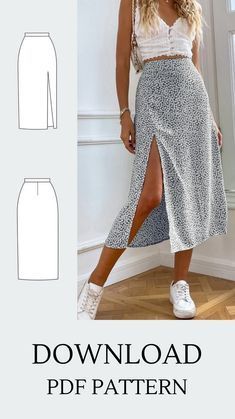 a woman wearing a skirt and white top with the words,'free sewing pattern '