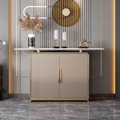 an elegant console with gold accents in a modern living room setting, designed by the talented interior stylist