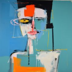 an abstract painting with blue, yellow and orange colors on it's face in front of a blue background