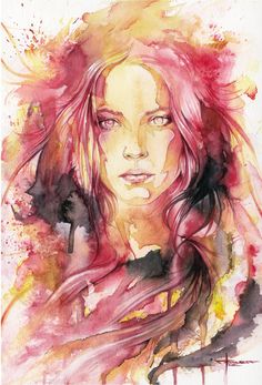 a watercolor painting of a woman with red hair