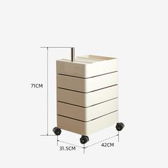 an image of a white box on wheels with measurements for the top and bottom section