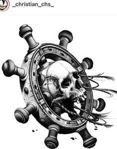 a black and white drawing of a skull in a ship wheel