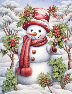 a painting of a snowman wearing a red hat and scarf with holly berries around his neck