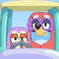 two cartoon characters driving in a car with one holding the steering wheel while another looks on