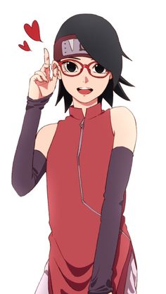 an anime character with glasses and a red shirt holding up a small object in her hand