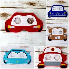 four different colored cars made out of felt