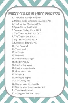 the must - take disney photos list is shown on a blue and white chevron background