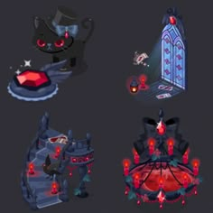 four different types of cartoon characters with red lights on their chests and black cats in the background