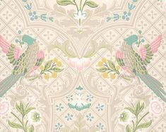 an ornate wallpaper with birds and flowers on the side, in pastel colors