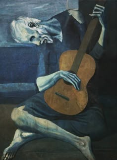 a painting of a man holding a guitar in front of his face and an animal behind him