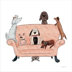 a drawing of dogs sitting on top of a couch