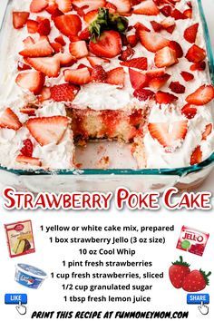 the strawberry poke cake is ready to be eaten and served for breakfast or desserts