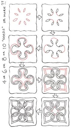 four squares with different designs on them and one is drawn in red, the other has black