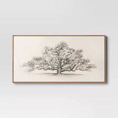 a black and white drawing of a large tree in the middle of a plain wall